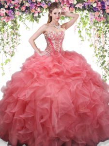 Custom Made Coral Red Lace Up Sweetheart Beading and Ruffles 15th Birthday Dress Organza Sleeveless