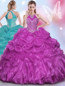 Classical Halter Top Sleeveless Floor Length Appliques and Pick Ups Lace Up 15 Quinceanera Dress with Fuchsia