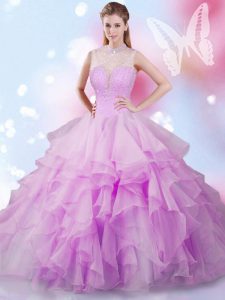 Floor Length Lilac Quinceanera Dress High-neck Sleeveless Lace Up