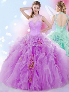 Lilac Ball Gowns Tulle Halter Top Sleeveless Beading and Ruffles Floor Length Lace Up Quinceanera Dresses