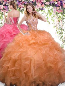 Shining Beading and Ruffles Quinceanera Gown Orange Lace Up Sleeveless Floor Length