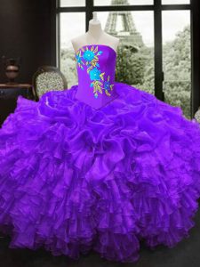 Noble Organza Strapless Sleeveless Lace Up Embroidery Quinceanera Gown in Purple