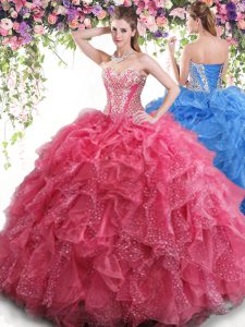 Fine Sweetheart Sleeveless Sweet 16 Dress Floor Length Beading and Ruffles Coral Red Organza