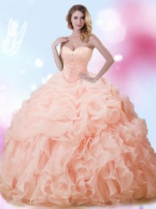 Eye-catching Peach Ball Gowns Organza Sweetheart Sleeveless Beading and Ruffles and Pick Ups With Train Lace Up 15 Quinceanera Dress Brush Train