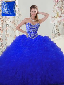 Royal Blue Lace Up Quinceanera Dresses Beading and Appliques Sleeveless Floor Length