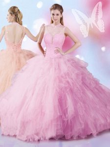 Rose Pink 15th Birthday Dress Military Ball and Sweet 16 and Quinceanera and For with Beading and Ruffles Sleeveless Lace Up