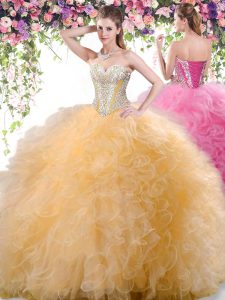 Gold Sleeveless Tulle Lace Up Sweet 16 Dress for Military Ball and Sweet 16 and Quinceanera