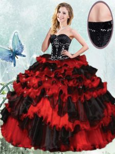 Suitable Red And Black Quinceanera Gowns Military Ball and Sweet 16 and Quinceanera and For with Beading and Ruffled Layers Sweetheart Sleeveless Lace Up
