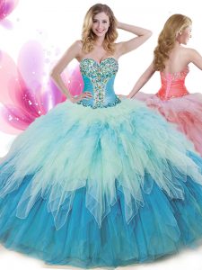 Fashion Floor Length Multi-color 15 Quinceanera Dress Tulle Sleeveless Beading and Ruffles