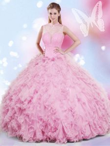 Colorful Halter Top Sleeveless Lace Up Floor Length Beading and Ruffles 15 Quinceanera Dress