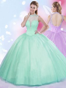 Popular High-neck Sleeveless Lace Up Ball Gown Prom Dress Apple Green Tulle