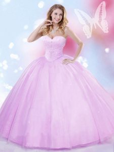 Sweetheart Sleeveless 15th Birthday Dress Floor Length Beading Lilac Tulle