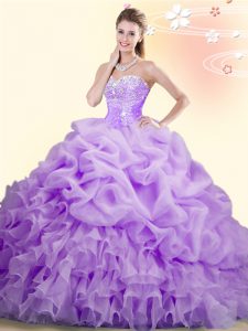 Lilac Organza Lace Up 15 Quinceanera Dress Sleeveless With Brush Train Beading and Ruffles and Pick Ups