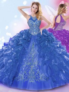 Best Selling Halter Top Sleeveless Floor Length Appliques and Ruffled Layers Lace Up Quinceanera Gown with Royal Blue