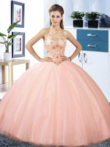 Beauteous Halter Top Sleeveless Tulle Floor Length Lace Up Quinceanera Dresses in Peach with Embroidery