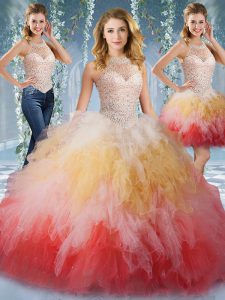 Classical Halter Top Multi-color Sleeveless Beading and Ruffles Floor Length Sweet 16 Dress