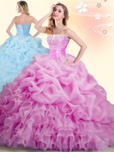 Decent Lilac Sleeveless Brush Train Beading and Ruffles and Pick Ups With Train Sweet 16 Dress