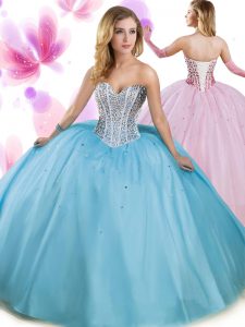 Enchanting Aqua Blue Sleeveless Floor Length Beading Lace Up Sweet 16 Quinceanera Dress