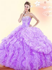 Lavender Ball Gowns Beading and Ruffles and Pick Ups Sweet 16 Dress Lace Up Organza Sleeveless Floor Length