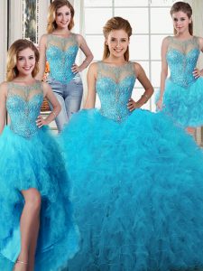 Four Piece Scoop Floor Length Lace Up Quinceanera Dress Baby Blue for Military Ball and Sweet 16 and Quinceanera with Beading and Ruffles