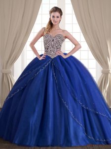 Sweet Brush Train Ball Gowns 15th Birthday Dress Royal Blue Sweetheart Tulle Sleeveless With Train Lace Up