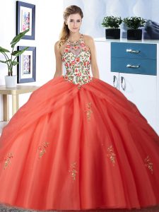 Halter Top Orange Red Sleeveless Floor Length Embroidery and Pick Ups Lace Up Sweet 16 Quinceanera Dress