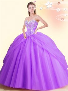 Low Price Sleeveless Tulle Floor Length Lace Up Ball Gown Prom Dress in Lilac with Beading