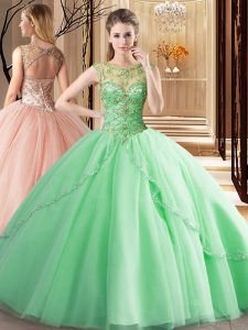 Scoop Sleeveless Tulle Quince Ball Gowns Beading Brush Train Lace Up