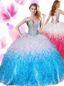 Gorgeous Blue And White Sleeveless Beading and Ruffles Floor Length 15 Quinceanera Dress