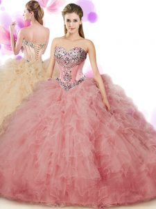Tulle Sweetheart Sleeveless Lace Up Beading and Ruffles Quinceanera Dress in Peach