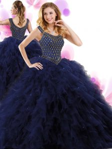 Navy Blue Ball Gowns Scoop Sleeveless Tulle Floor Length Zipper Beading and Ruffles 15th Birthday Dress