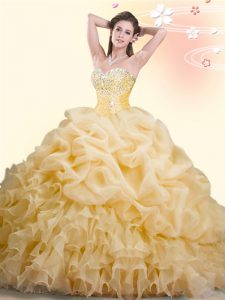 Pick Ups With Train Ball Gowns Sleeveless Gold Sweet 16 Dress Brush Train Lace Up