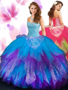 Most Popular Multi-color Tulle Lace Up Quinceanera Dress Sleeveless Floor Length Beading and Ruffled Layers