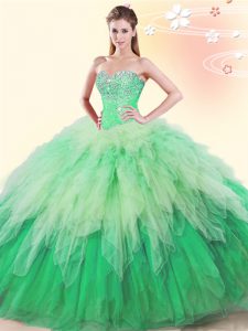 Sweetheart Sleeveless Tulle Quinceanera Dresses Beading and Ruffles Lace Up