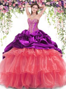 Fine Multi-color Sweetheart Neckline Beading and Ruffled Layers and Pick Ups Quince Ball Gowns Sleeveless Lace Up