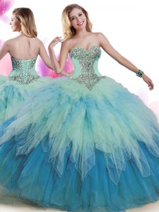 Tulle Sweetheart Sleeveless Lace Up Beading and Ruffles 15th Birthday Dress in Multi-color