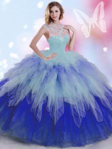 Most Popular Sleeveless Floor Length Beading and Ruffles Zipper Quinceanera Gown with Multi-color