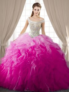 Amazing Floor Length Fuchsia Quinceanera Gown Off The Shoulder Sleeveless Lace Up