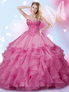 Comfortable Floor Length Rose Pink 15th Birthday Dress Sweetheart Sleeveless Lace Up