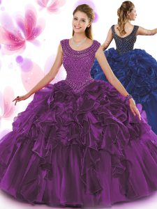 Dark Purple Scoop Neckline Beading and Ruffles Quince Ball Gowns Sleeveless Zipper