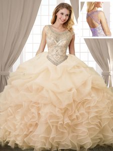 Scoop Champagne Organza Lace Up Sweet 16 Dress Sleeveless Floor Length Beading and Ruffles and Pick Ups