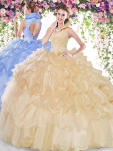 Sleeveless Floor Length Beading and Ruffled Layers Backless Sweet 16 Dresses with Champagne