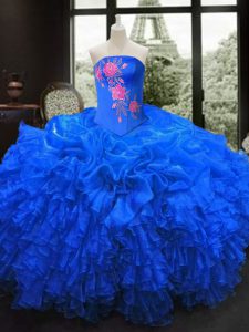 Royal Blue Sleeveless Floor Length Embroidery and Ruffles Lace Up Ball Gown Prom Dress