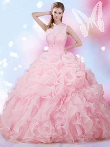 Flirting Baby Pink Sleeveless Floor Length Beading and Ruffles and Pick Ups Lace Up Sweet 16 Dress