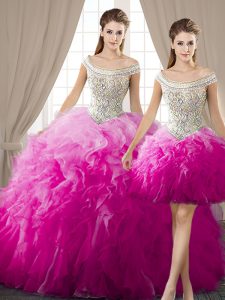 Three Piece Off the Shoulder Fuchsia Sleeveless Beading and Ruffles Floor Length Sweet 16 Dress