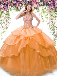 Spectacular Orange Lace Up Sweetheart Beading and Ruffled Layers Quinceanera Dress Organza Sleeveless