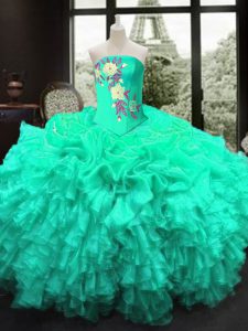 Turquoise Sleeveless Organza Lace Up Ball Gown Prom Dress for Military Ball and Sweet 16 and Quinceanera