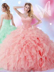Shining Watermelon Red Sweetheart Lace Up Beading and Ruffles Quince Ball Gowns Sleeveless