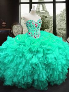 Fancy Ball Gowns Quinceanera Gown Turquoise Sweetheart Organza Sleeveless Floor Length Lace Up