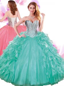 Turquoise Lace Up Sweetheart Beading and Ruffles Vestidos de Quinceanera Organza Sleeveless